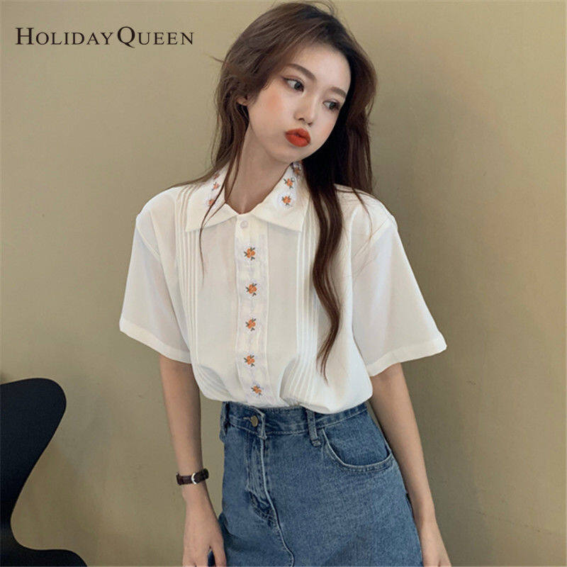 HolidayQueen Girl Summer White Shirt Women's Design Sense Niche Top Summer Short-sleeved ShirtWomen's clothing HQP0903