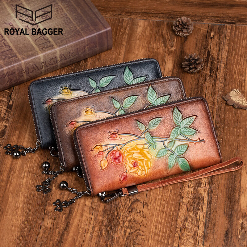 Royal Bagger New For Women Genuine Cow Leather Long Wallet Multi-Card Position Handbag Trending Purse Retro Elegant