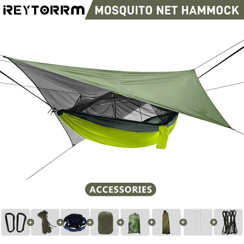 260X140cm Outdoor Double Camping Hammock With Mosquito Net And Rain Fly Tarp Lightweight Parachute Hammocks For Travel Hiking
